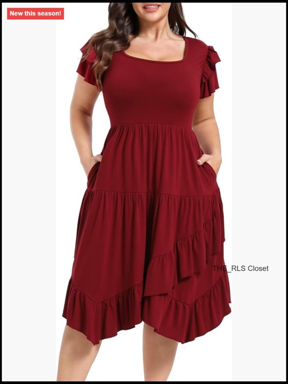 Plus Size Casual Dress Square Neck Ruffle Sleeves Pockets Flowy Midi